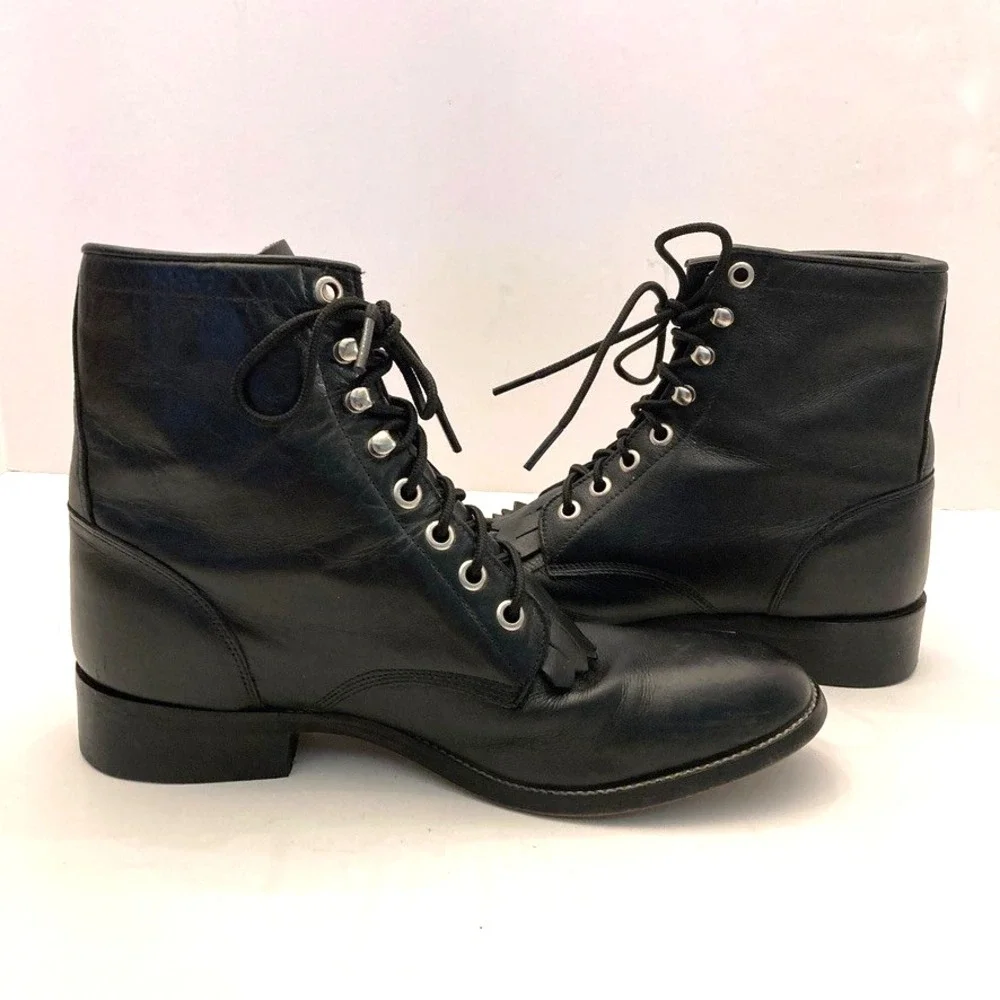 Justin Boots Roper Lace Up Western Boots Jr Girls 5 D Black Leather 620Y Kiltie‎